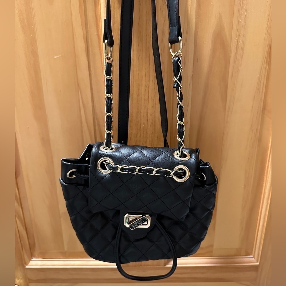 Badgley Mischka Black Quilted Micro Mini Backpack Purse Adjustable Straps